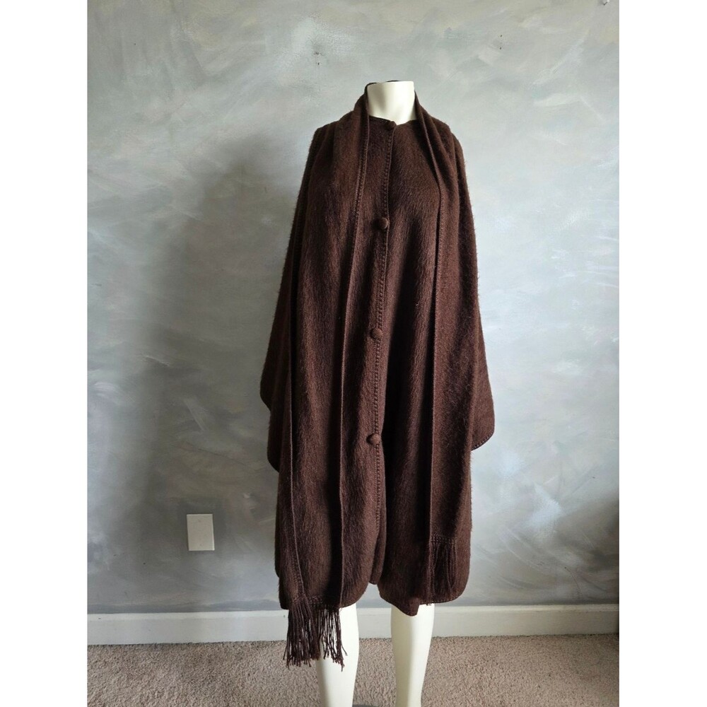 Alpaca Camargo Brown Wool Poncho Scarf Attached Cape Wrap Long